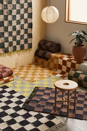Checkerboard Woven Shag Rag Rug | Urban Outfitters (US and RoW)