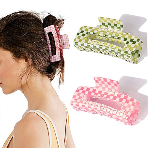 Large Checkered Claw Hair Clips for Thick Hair - 2pcs 4 Inch Rectangle Y2K Fashion Hair Clips in Pink Green Checkerboard | Amazon (US)