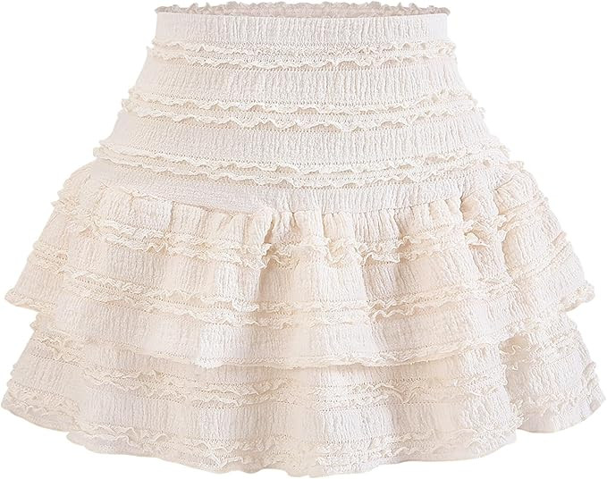 Women's Pleated Ruffle Mini Skirt Lace High Waist Layered Flared Flowy Tiered Short Skirt | Amazon (US)