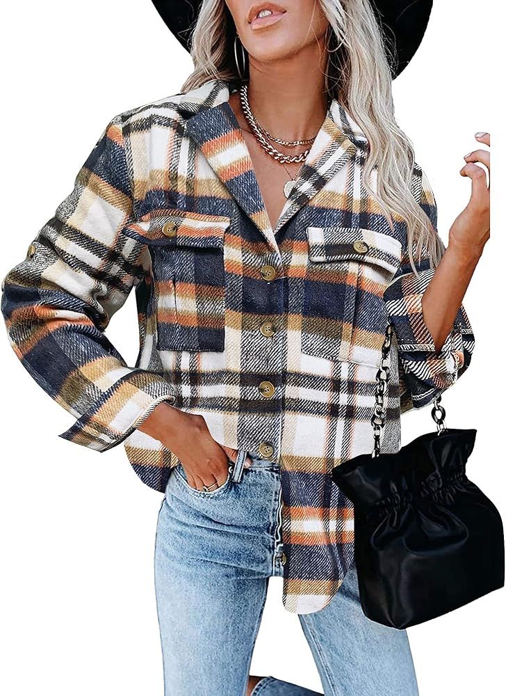GRAPENT Women's Oversized Plaid Button Down Shirt Quilted Lined Shacket Jacket | Amazon (US)