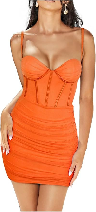 Joukavor Women's Ruched Mesh Bodycon Cami Dress Spaghetti Strap Corset Mini Dress | Amazon (US)