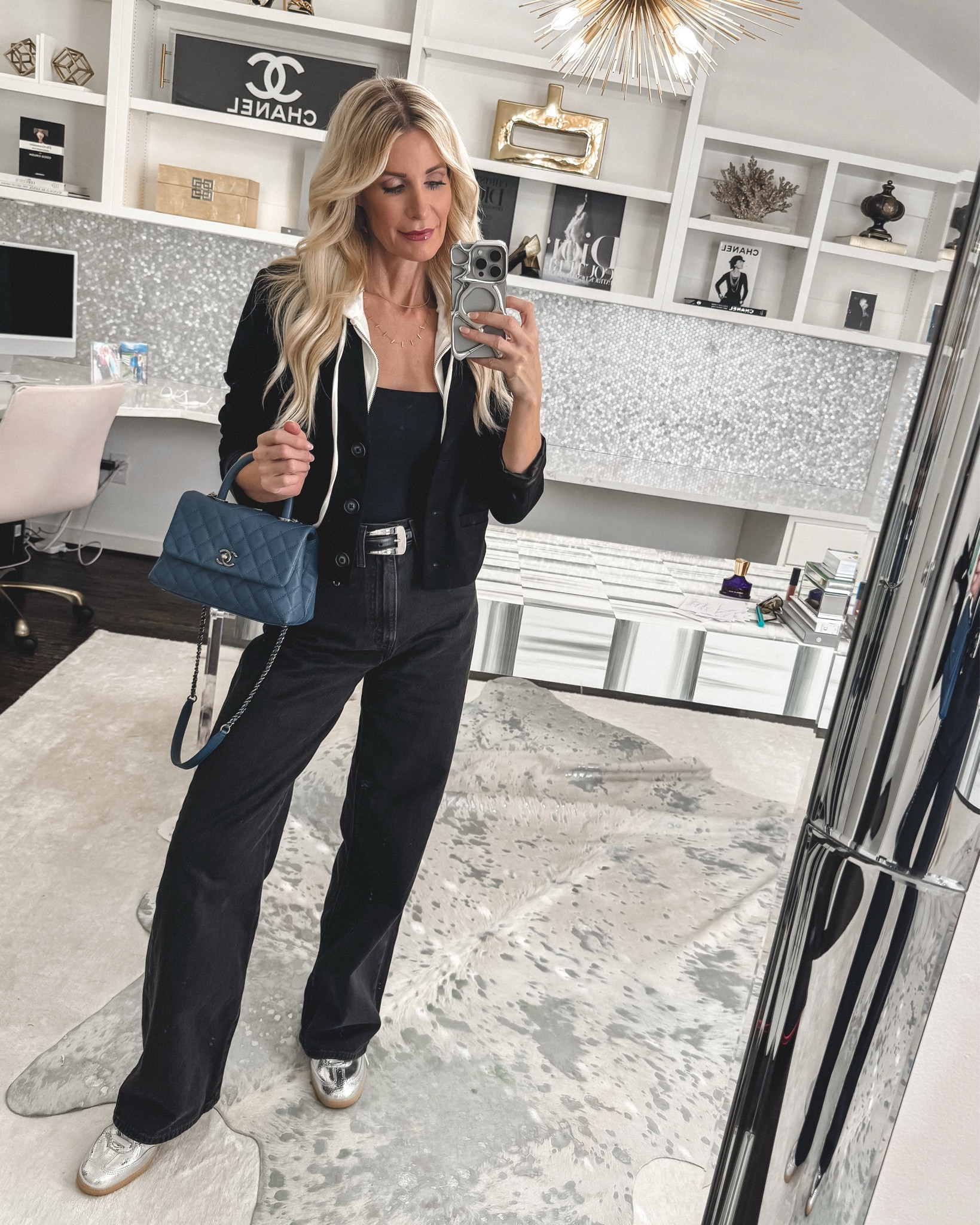 This is one of those “effortless but put-together” outfits I’ll wear on repeat — black blazer, sleek bodysuit, and super high-waisted Levi’s cinch waist jeans for that long-leg look. The silver belt adds polish, and then the blue bag gives it the perfect pop of color. Casual, comfy, and still so chic. XS in blazer, 24 in jeans. 

 

#LTKdayinmylife #LTKootd #LTKOver40