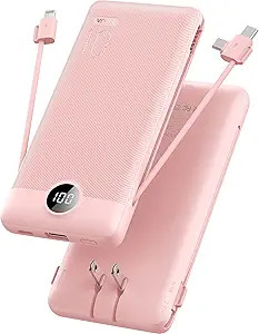 VRURC Portable Charger Built-in Cables and AC Wall Plug,USB C Power Bank 10000mAh, Travel Essenti... | Amazon (US)