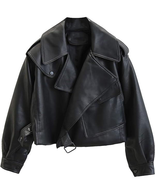 Women Black Faux Leather Jackets Casual Short Oversized Coat Asymmetrical Motor Biker Jacket | Amazon (US)