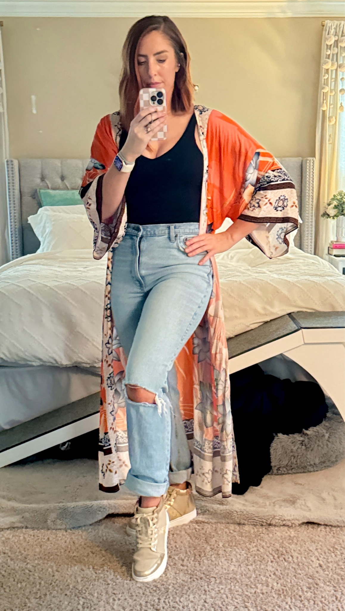 How cute is this kimono? Loving how it adds a pop of color to this everyday outfit. This bodysuit is from Amazon and fits like a glove. The jeans are Abercrombie 90s straight leg jeans and tall girl friendly. My sneakers are from Yellow Box

#LTKStyleTip #LTKFindsUnder100