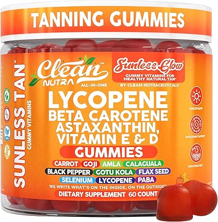 Sunless Glow Lycopene Beta Carotene Tanning Gummies Astaxanthin Vitamin C D E Flax Seed Selenium ... | Amazon (US)