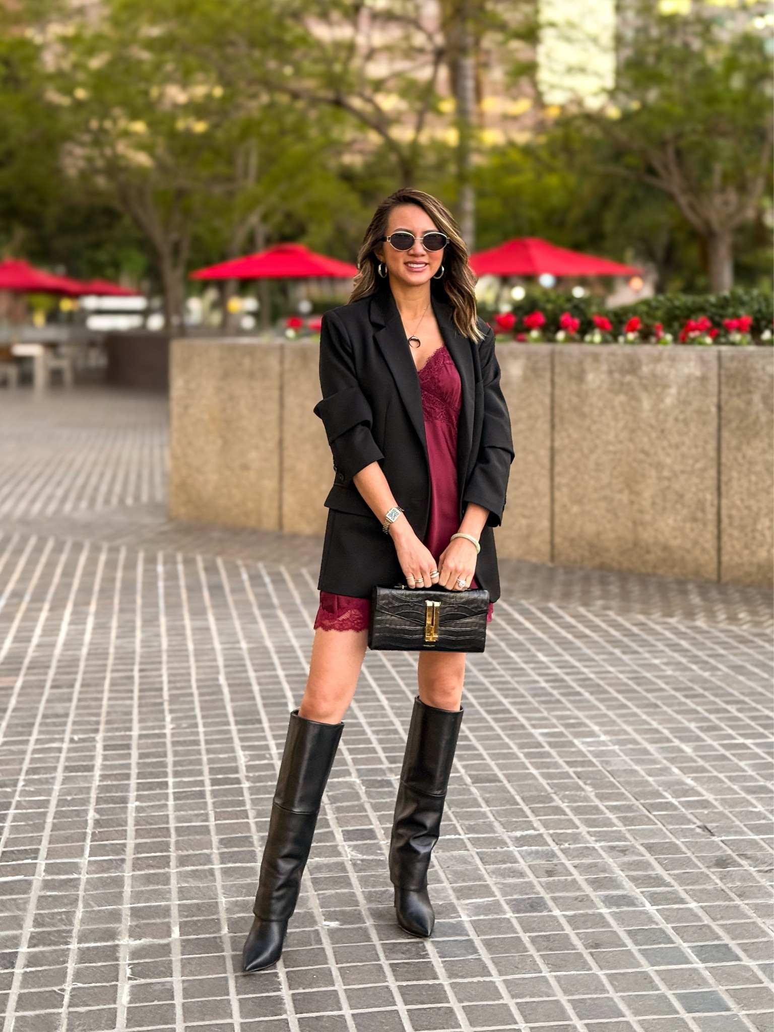 Holiday outfits ♥️ Love this burgundy nightie that’s currently on sale right now! Throw a blazer on top to dress it up for the holidays. My sunglasses look like Celine but they’re a fraction of the price and on sale for Black Friday. My designer purse and jewelry are all on sale for Black Friday. All would make a lovely gift for the holiday. 

#LTKFindsUnder100 #LTKGiftGuide #LTKCyberWeek