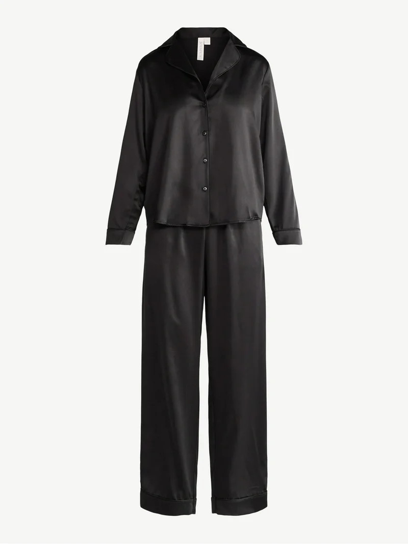 Joyspun Women’s Stretch Satin Notch Long Sleeve Top and Pants Pajama Set, 2-Piece, Sizes XS-3X | Walmart (US)