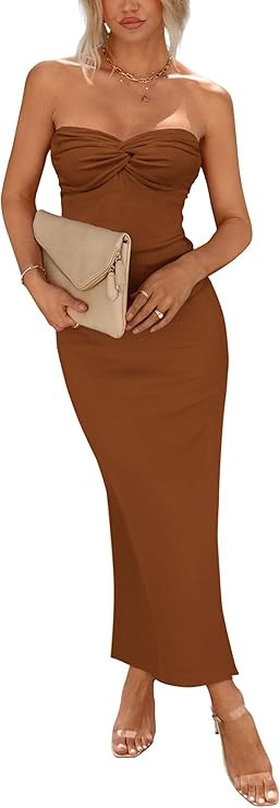 PRETTYGARDEN Women's Bodycon Long Dresses Summer Strapless Tube Twist Knot Front Ribbed Knit Maxi... | Amazon (US)
