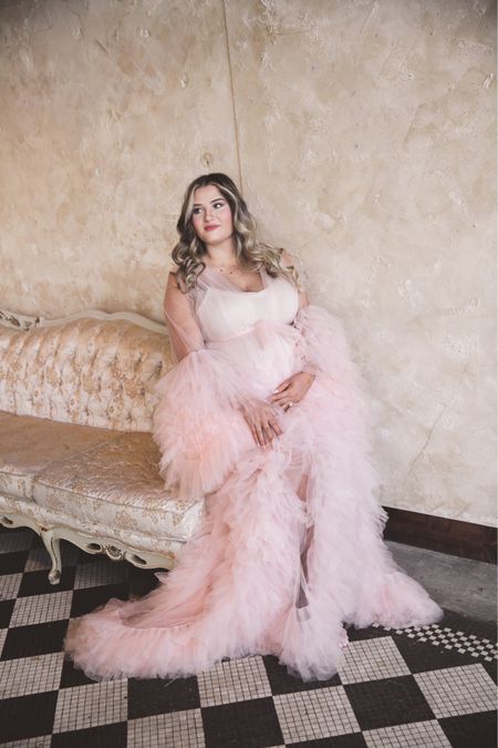Maternity photo shoot pink ruffle robe dress