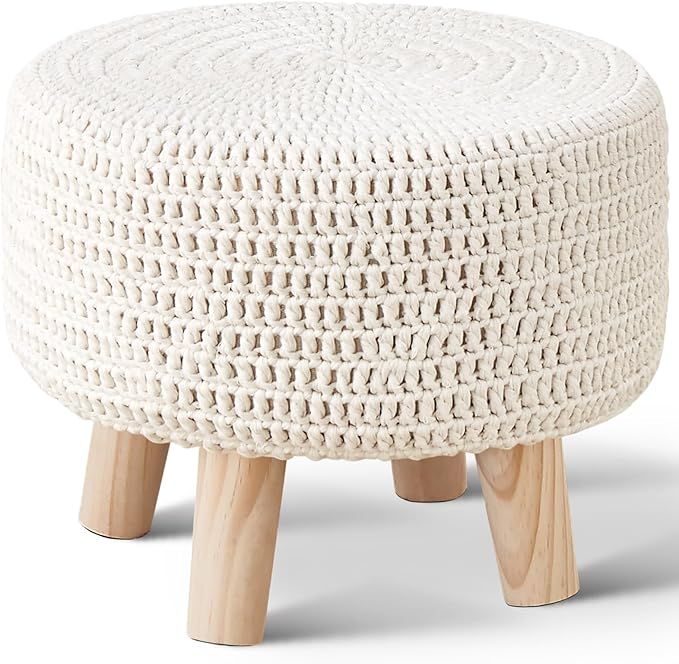 Wimarsbon Pouf Ottoman, 100% Cotton Knitted Boho Footstool, Round Footrest with Non-Skid Wood Leg... | Amazon (US)