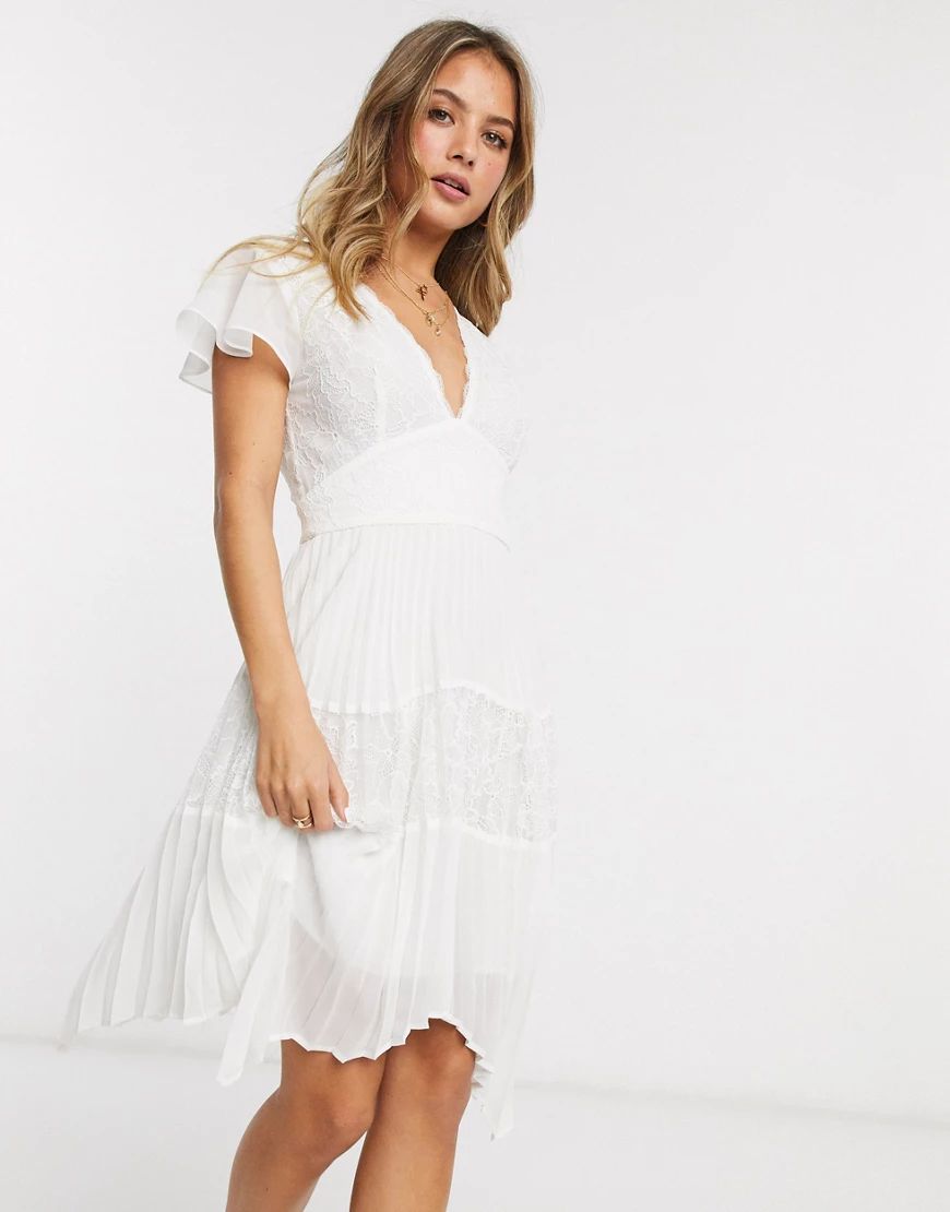 French Connection lace pleated hankerchief hem mini dress-White | ASOS (Global)