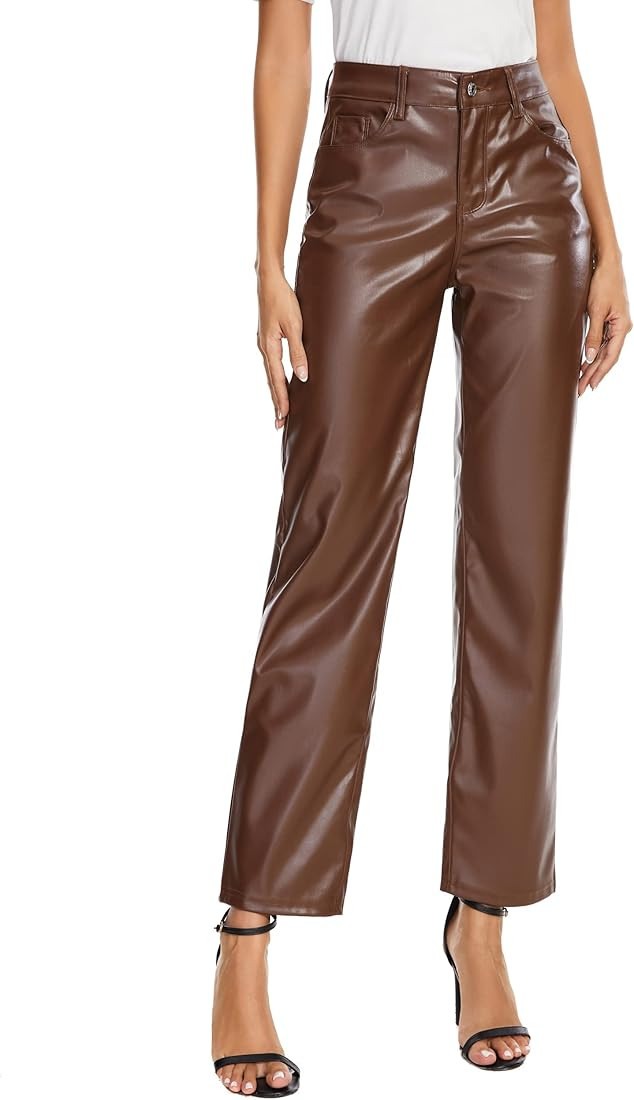 MYOURSA Faux Leather Pants for Women High Waist Straight Leg Soft Relaxed Fit Pu Leather Pants wi... | Amazon (US)