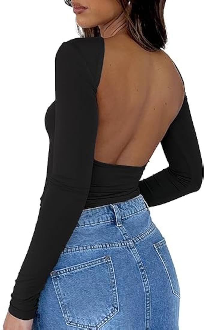 ForeFair Women Sexy Backless Short Sleeve Slim Fit Crewneck Summer Casual Y2K Crop Tee | Amazon (US)