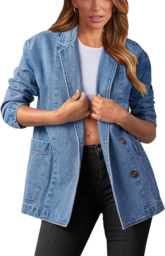 Tankaneo Womens Oversized Denim Jacket Casual Button Up Blazer Notched Lapel Jean Shacket Coat | Amazon (US)