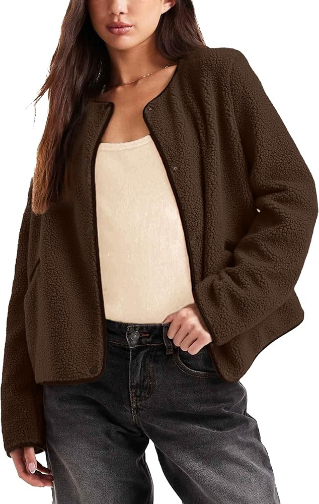 Womens Fleece Jacket Fuzzy Casual Long Sleeve Round Neck Button Down Coat Sherpa Outwear with Poc... | Amazon (US)