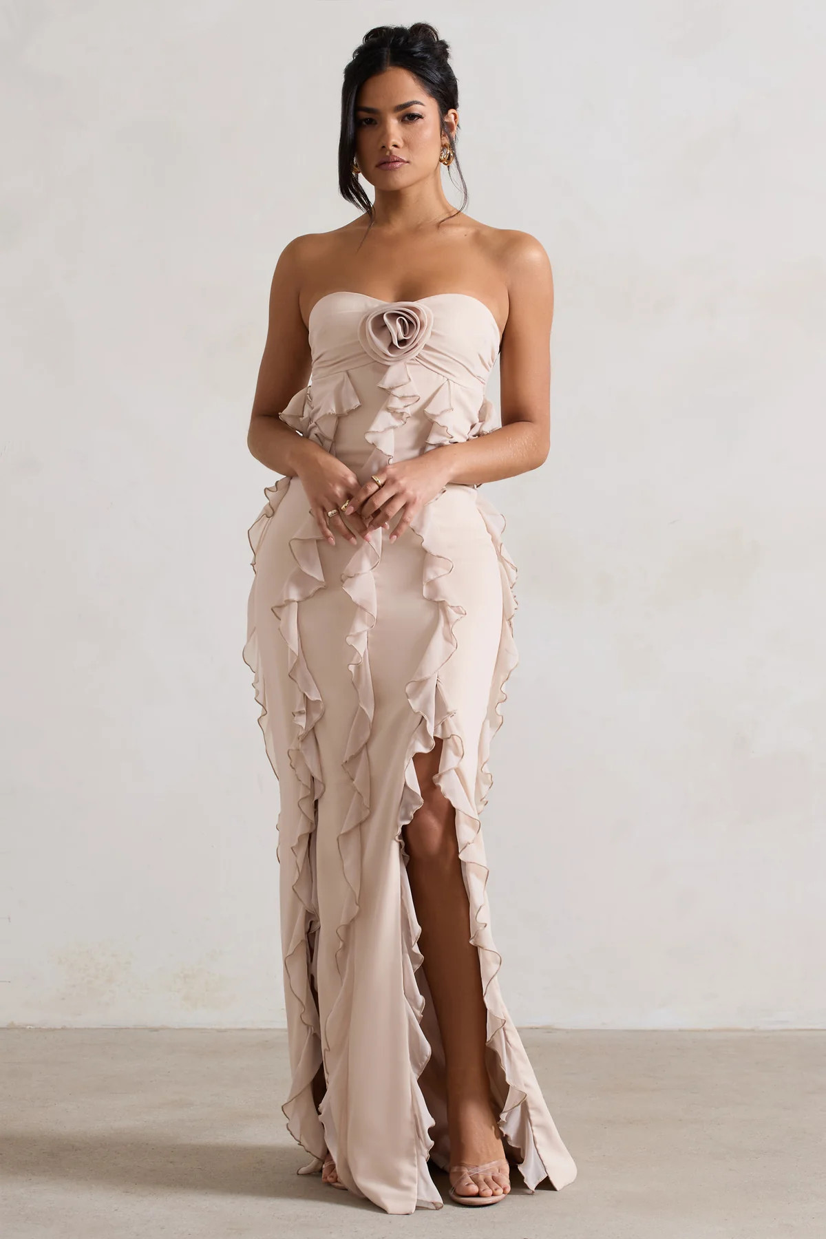 Gardenia | Champagne Strapless Ruffle Maxi Dress With Corsage | Club L London