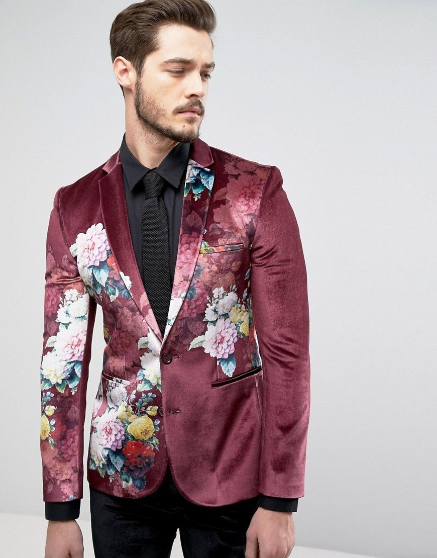ASOS Super Skinny Suit Jacket In Burgundy Velvet With Floral Print - Red | ASOS US