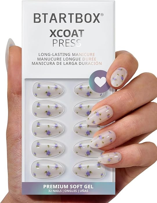 BTArtbox Press On Nails Short - Pathside Lilac, Lamp-Curable 4-Week Wear Flower White Almond Pres... | Amazon (US)
