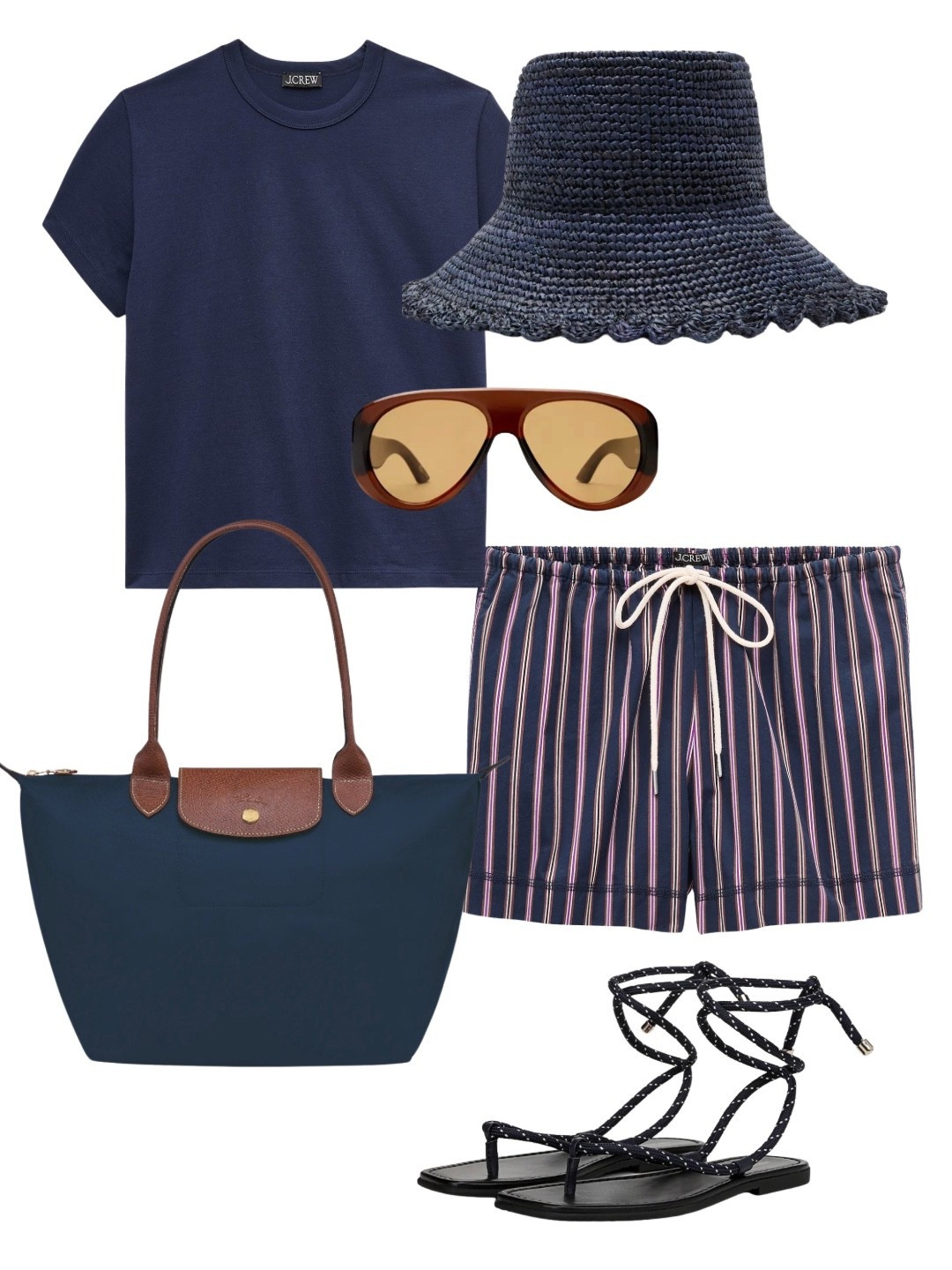 Navy crew neck tee, navy woven bucket hat, aviator sunglasses, navy nylon tote, striped drawstring shorts, lace-up flat sandals

#LTKSeasonal #LTKSaleAlert #LTKootd