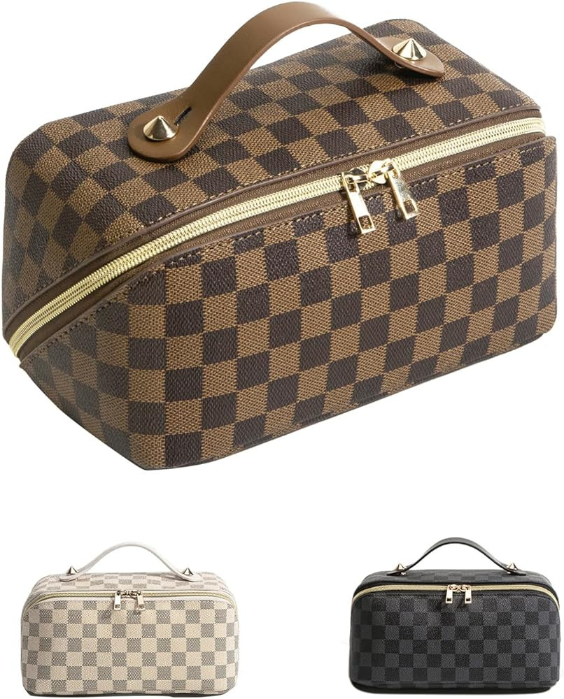 UEOE Large Capacity Travel Cosmetic Bag,Large Opening Makeup Bag PU Leather Waterproof Cosmetic Bag, | Amazon (US)