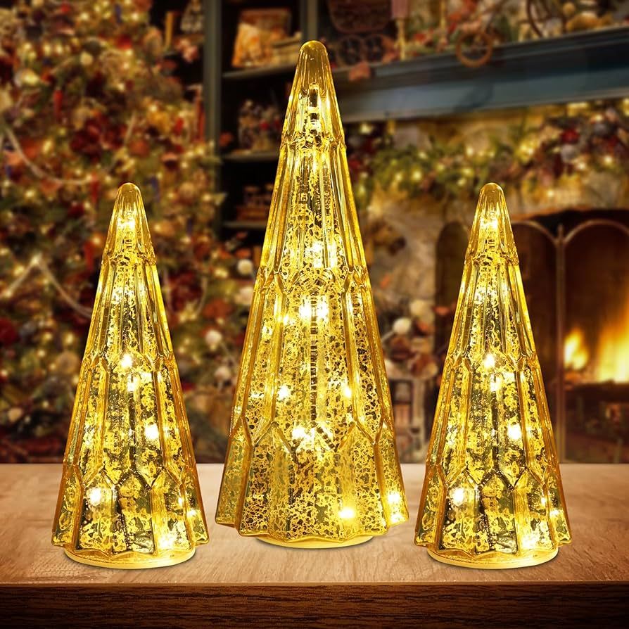 PHITRIC Christmas Decorations Indoor, 3 PCS Sparkling Glass Gold Christmas Tree Table Decorations... | Amazon (US)