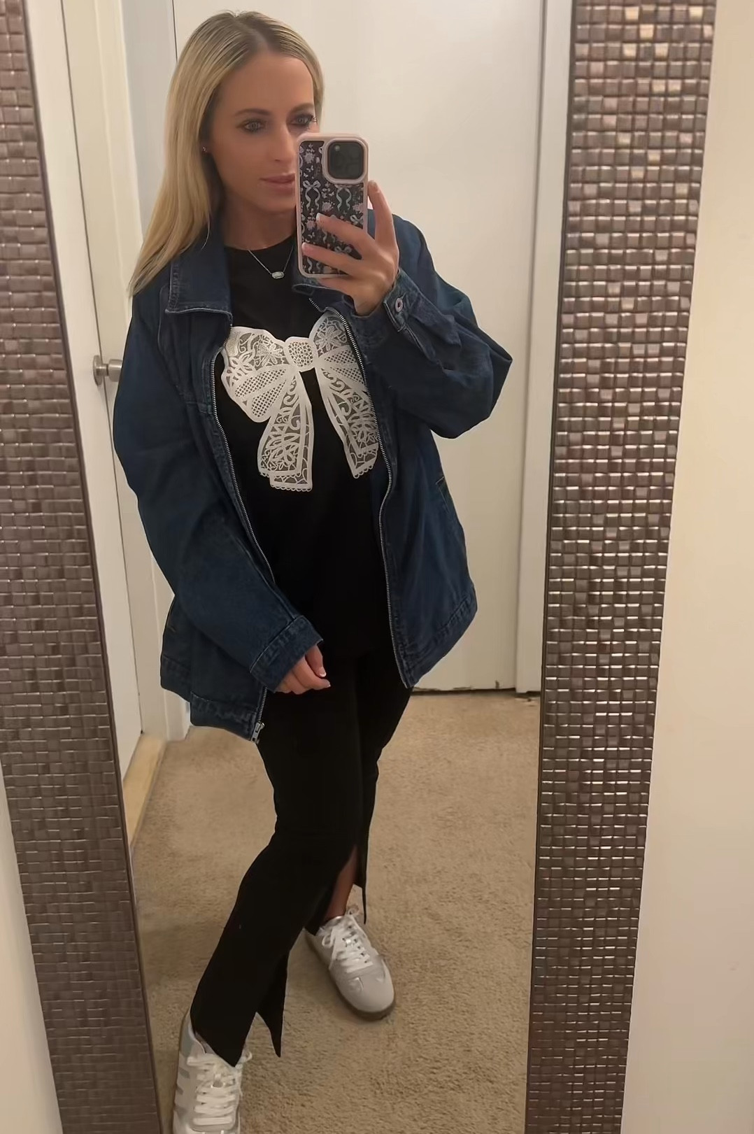 Casual outfit. Spring outfit. All black outfit. Amazon fashion. Tennis shoes. Graphic T-shirt. Oversized shirt. Jean jacket. Denim
Jacket 



#LTKFindsUnder50 #LTKMidsize #LTKWatchNow