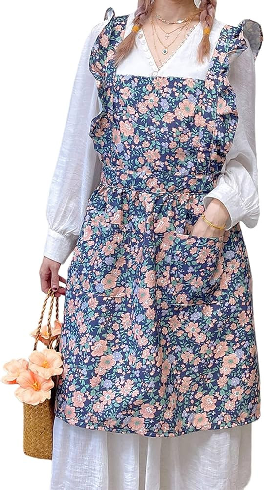 Vintage Floral Apron for Women with 2 Pockets Aprons Dress for Baking Painting Gardening Cleaning | Amazon (US)
