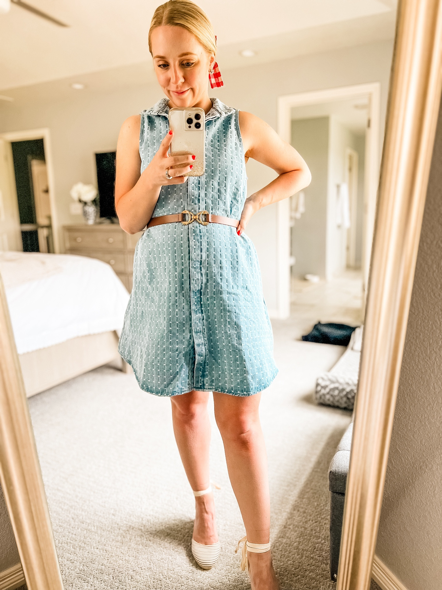 4th of July outfit! Ready for a bbq in a denim dress and gingham bow. In this dress, size down. Denim dress. July 4th. Fourth of July. Summer holiday. Summer outfit. Summer dress. Jean dress. 

#LTKStyleTip