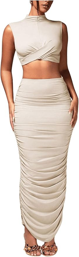 Women's Sexy 2 Piece Outfits Solid Mock Neck Criss Cross Crop Top Tank Top and Ruched Maxi Skirt ... | Amazon (US)