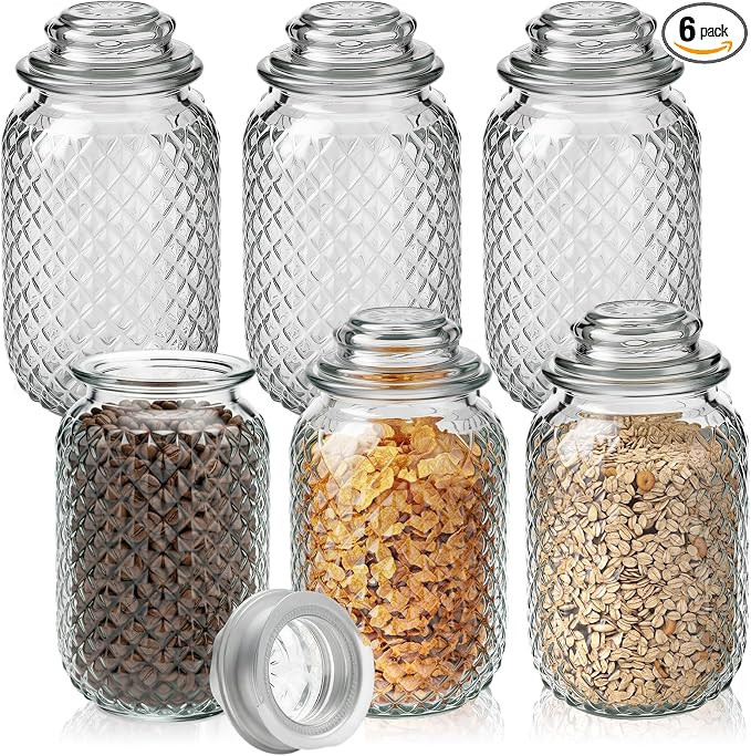 6 Set Glass Food Storage Canister with Airtight Lid 41 oz Embossed Cookie Jar Clear Candy Jar Kit... | Amazon (US)