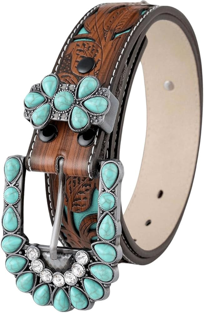 GORGLITTER Women's Turquoise Belt Leather Western Belts Embossed Waist Country Belts for Jeans Pa... | Amazon (US)