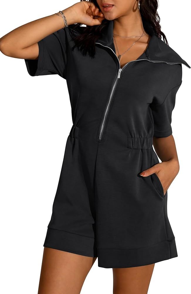 Womens Summer Short Sleeve Rompers Loose Half Zip One Piece Short Overalls Jumpsuit with Pockets | Amazon (US)