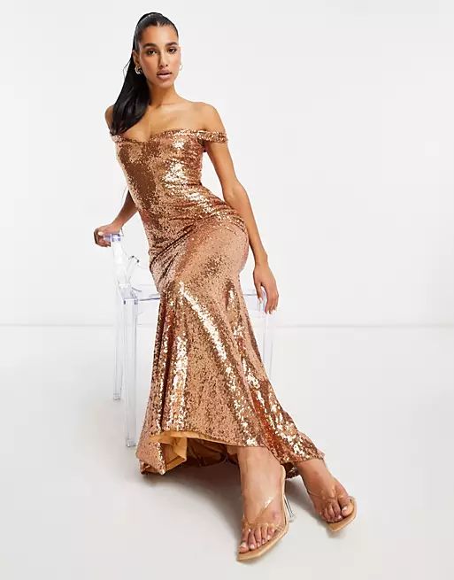 Club L bardot sequin maxi dress with fishtail in rosegold | ASOS (Global)