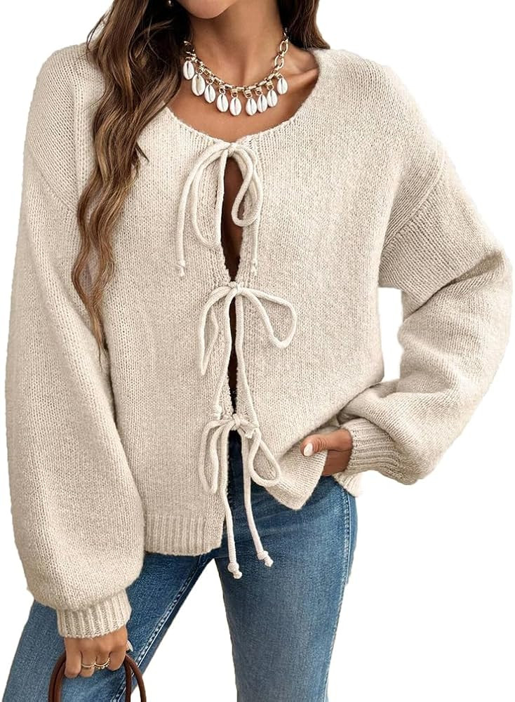 Women Casual Bow Tie Front Cardigan Sweater Solid Crew Neck Long Sleeve Self Tie Open Front Knit ... | Amazon (US)