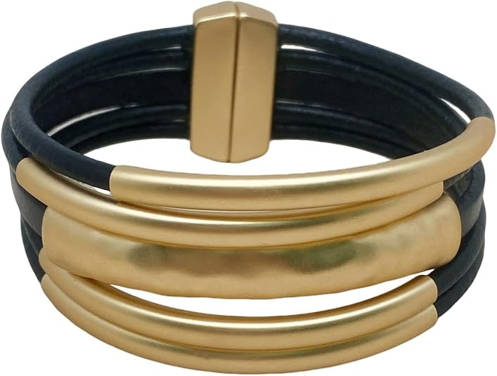 Bracelets for Women Leather Bracelet Multi-Layer Rope Wrap Bangle 14k Gold Plated Cirle Hollow Tu... | Amazon (US)