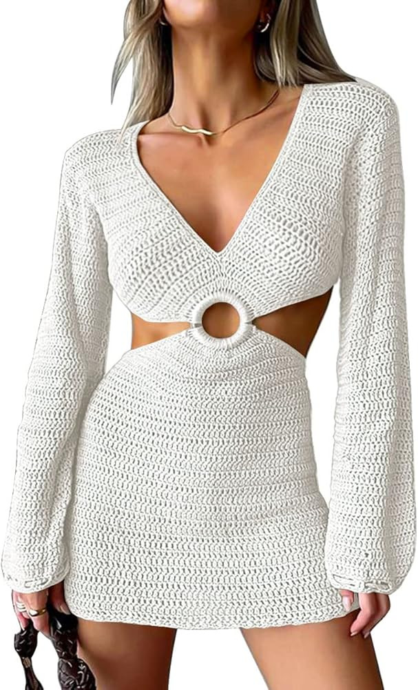 LILLUSORY Swim Cover Up for Women 2023 Summer Swimsuit Coverup Sexy Beach Crochet Dress | Amazon (US)