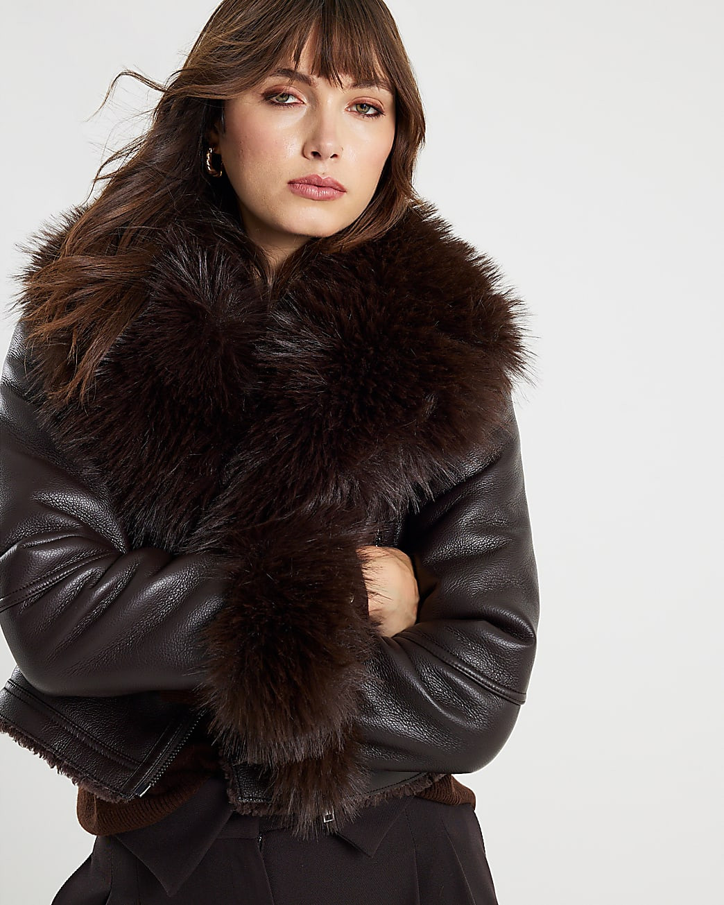 Brown Faux Fur Collar Cropped Biker Jacket | River Island UK & IE