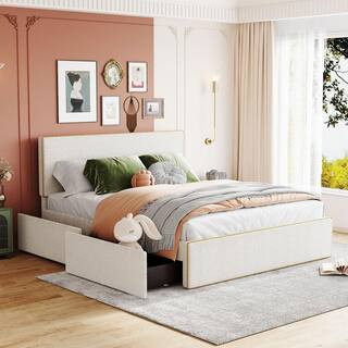 Harper & Bright Designs White Wood Frame Queen Size Fleece Fabric Upholstered Platform Bed with 4... | The Home Depot