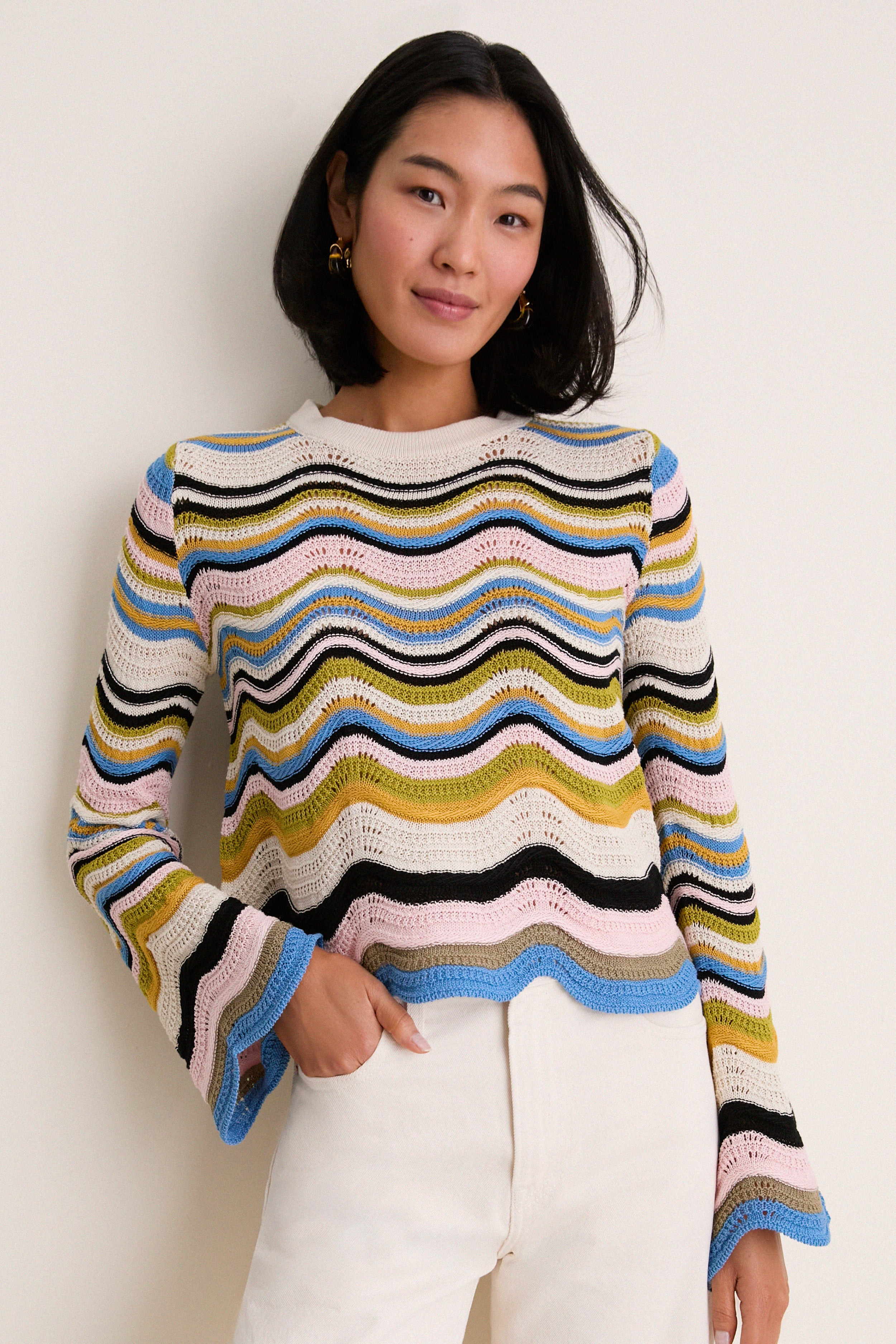 Multicolor White, Green and Pink Chevron Crop Sweater | Tuckernuck (US)