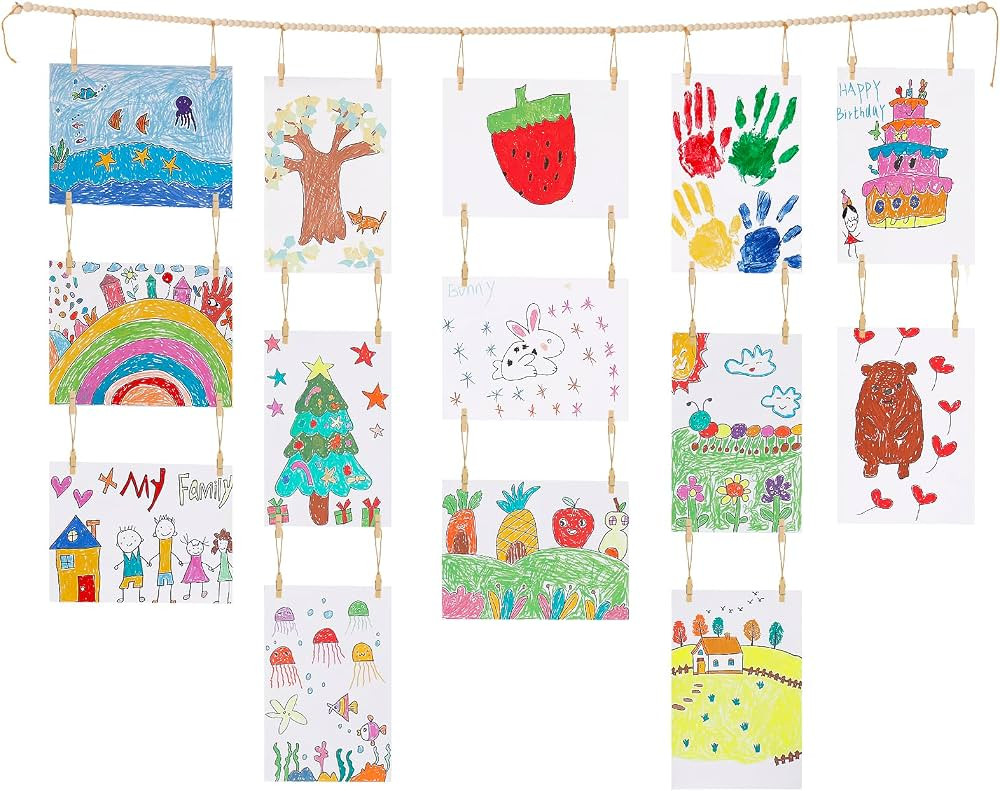 Kids Art Display Wall Decor, Wooden Beads Garland Frame Holder with 34 Clips for Kids Artwork, Ph... | Amazon (US)