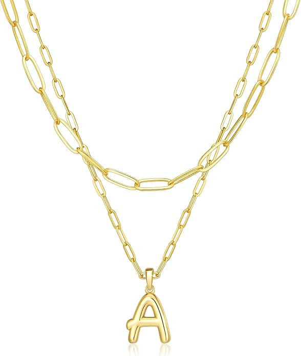adoyi Gold Bubble Letter Necklace Stack Balloon Initial Necklace for Women Trendy, 18K Gold Plate... | Amazon (US)
