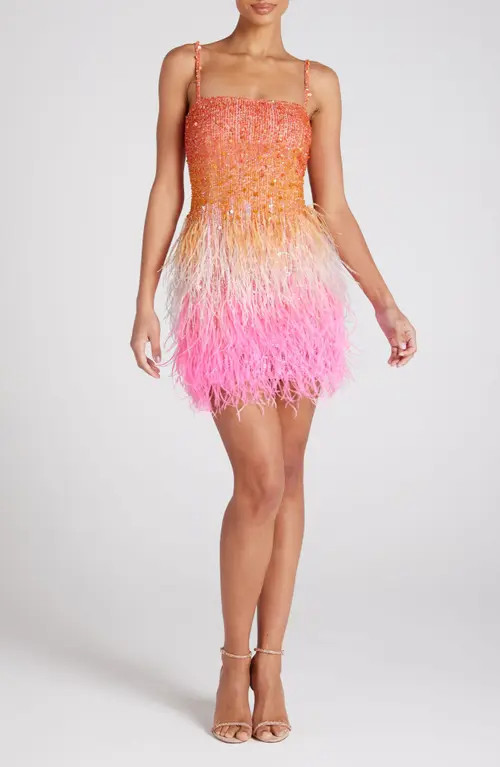 NADINE MERABI Cassie Ostrich & Turkey Feather Trim Minidress in Bright Orange at Nordstrom, Size 6 | Nordstrom