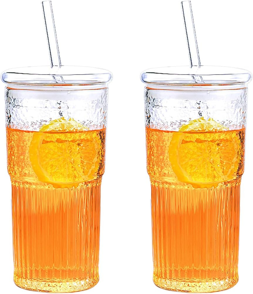 HAILIWEI 20 oz Glass Tumblers with Lids, Smoothie Cup, Iced Coffee Cups 2-Piece Set, Glass Cups W... | Amazon (US)