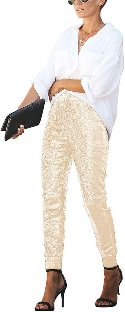 SIAEAMRG Womens Shiny Sequin Long Pencil Pants, Sparkle Glitter High Waist Drawstring Tights Club... | Amazon (US)
