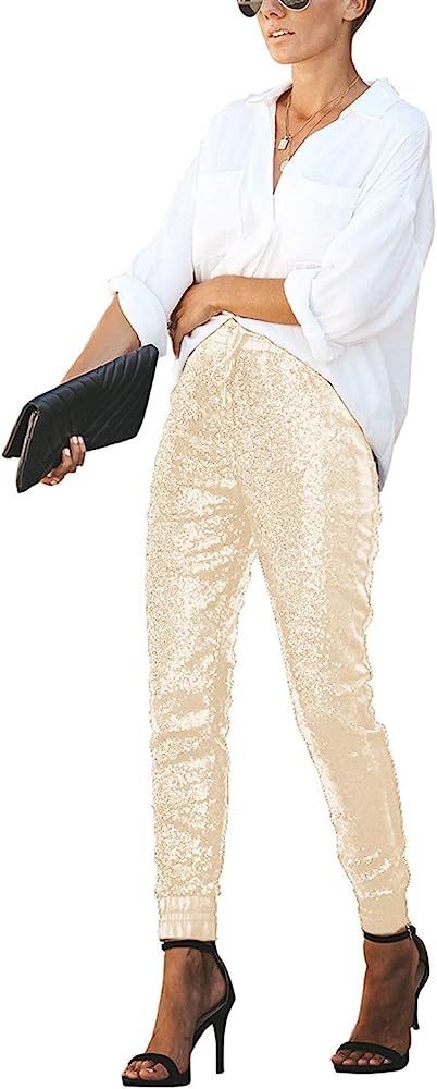 SIAEAMRG Womens Shiny Sequin Long Pencil Pants, Sparkle Glitter High Waist Drawstring Tights Club... | Amazon (US)