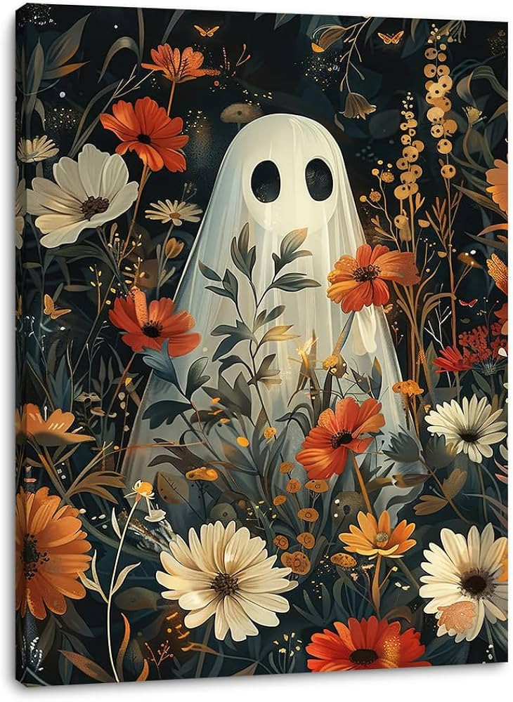 Daktenn Halloween Canvas Wall Art, Cute Floral Ghost In Haunted Forest Poster, Funny Dark Romanti... | Amazon (US)