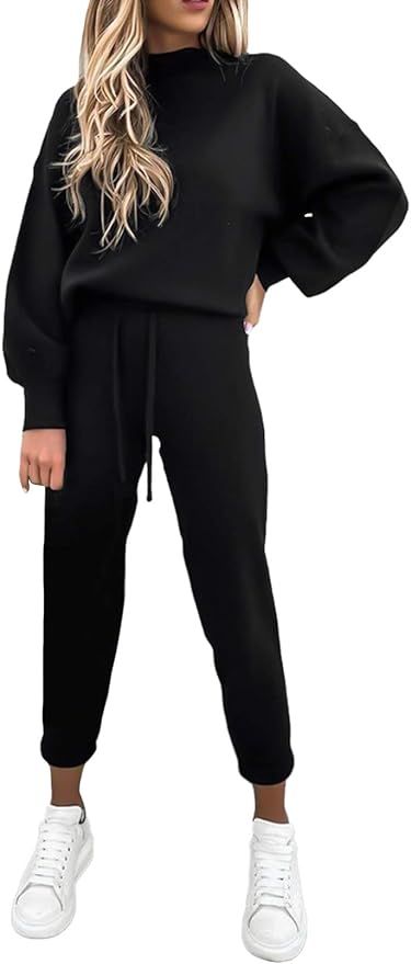 Women's Solid 2 Piece Turtleneck Sport Outfits Long Lantern Sleeve Sweatshirt Jogger Pants Tracks... | Amazon (US)