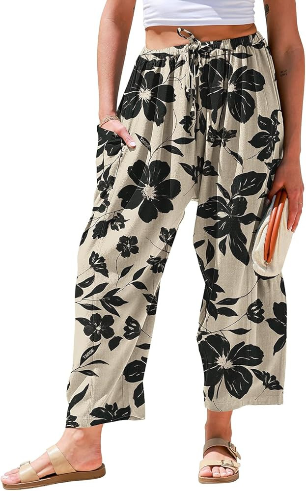 TARSE Womens Linen Wide Leg Pants Casual Loose Drawstring Summer 2025 Beach Travel Vacation Palaz... | Amazon (US)