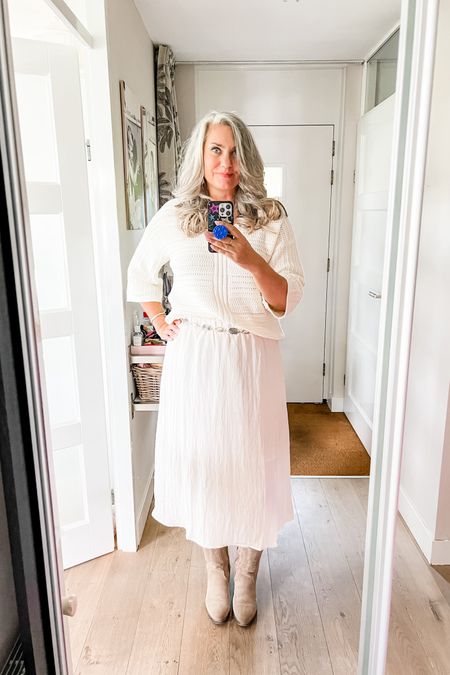 Ootd - Sunday. I have to admit I did not get dressed until 4pm but that’s what Sundays are for 😉. Beige sweater and belt are from Norah (current sale) and beige satin crinkle skirt is from Wibra (current, large). Boots are very old but still available at studio Jill. 

#LTKnederlands #LTKspring #LTKmidsize